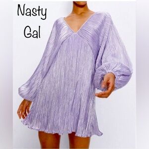 Nasty Gal Lilac Metallic Pleated Balloon Sleeve Mini Dress W4